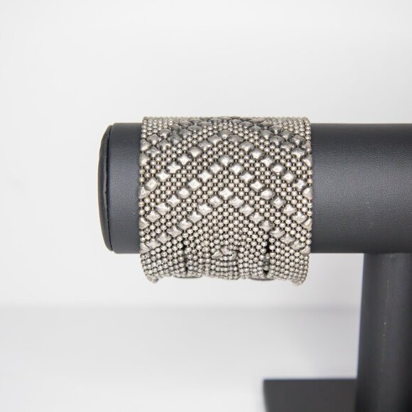 SOLD Silver Artisan Chain Mail Bracelet Cuff with Diamond Pattern - Picture 2 of 6